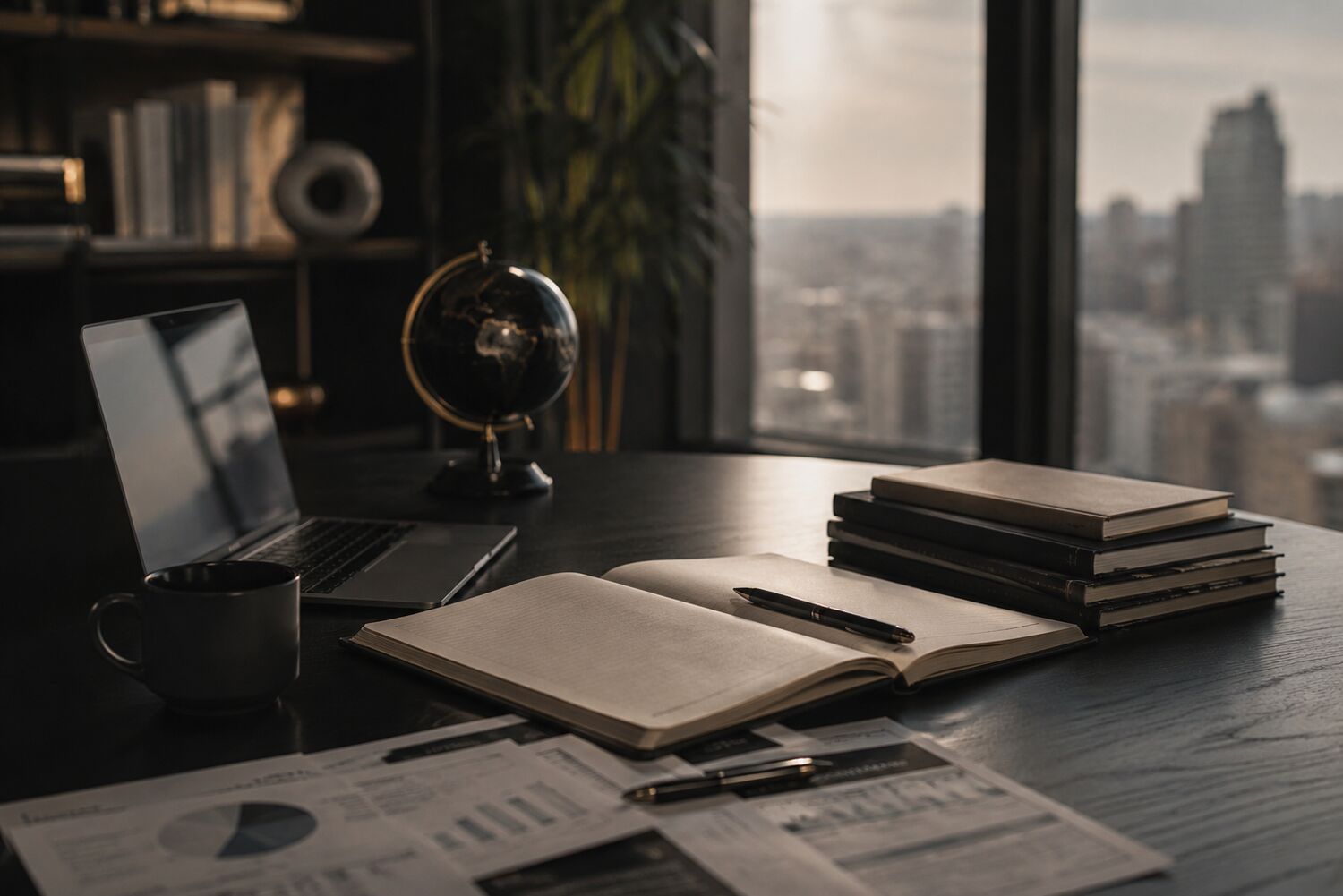 Arbeitsplatz mit Notizbuch, Büchern und Blick über die Stadt
